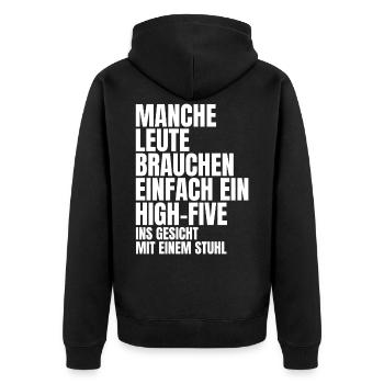 Lustiger Spruch - Unisex Premium Bio Zip Hoodie - Schwarz - Hinten - Nico (187cm)