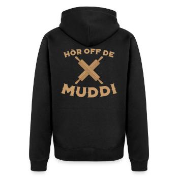 Hör Off de Muddi - Unisex Premium Bio Zip Hoodie - Schwarz - Hinten - Nico (187cm)