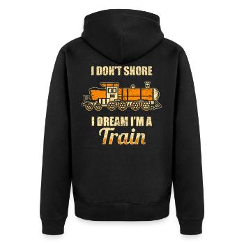 Ich schnarche nicht, ich träume ich bin ein Zug - Unisex Premium Bio Zip Hoodie - Schwarz - Hinten - Nico (187cm)