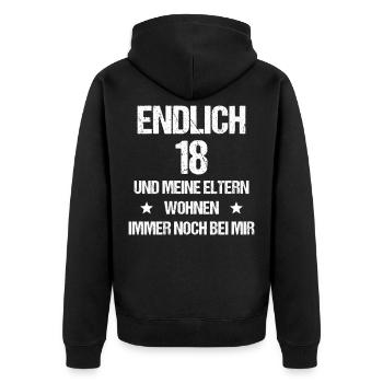 Endlich 18 - Unisex Premium Bio Zip Hoodie - Schwarz - Hinten - Nico (187cm)