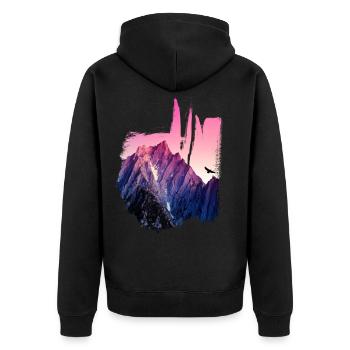 MN JEANS LONDON Mountain - Unisex Premium Bio Zip Hoodie - Schwarz - Hinten - Nico (187cm)