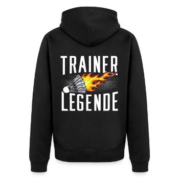 Trainer Legende Badminton Federball - Unisex Premium Bio Zip Hoodie - Schwarz - Hinten - Nico (187cm)