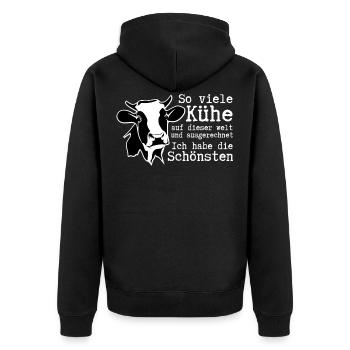 Viele Kühe und Ich habe die Schönsten Kühe - Unisex Premium Bio Zip Hoodie - Schwarz - Hinten - Nico (187cm)