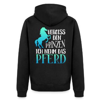 Vergiss den Prinzen ich nehm das Pferd, Prinz - Unisex Premium Bio Zip Hoodie - Schwarz - Hinten - Nico (187cm)
