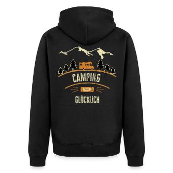 Camping Spruch glücklich als Camper Geschenk - Unisex Premium Bio Zip Hoodie - Schwarz - Hinten - Nico (187cm)