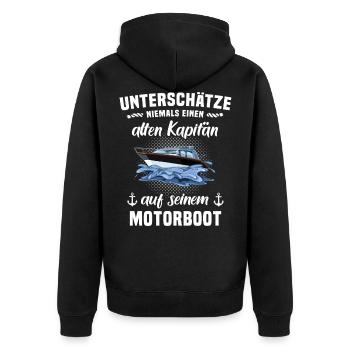 Kapitän Motorboot Boot Unterschätze Spruch - Unisex Premium Bio Zip Hoodie - Schwarz - Hinten - Nico (187cm)