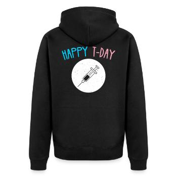Happy T Day Transgender Testosteron Geschenk Shirt - Unisex Premium Bio Zip Hoodie - Schwarz - Hinten - Nico (187cm)