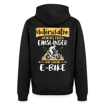 Emsländer E-Bike Emsland Ebike Geschenk - Unisex Premium Bio Zip Hoodie - Schwarz - Hinten - Nico (187cm)