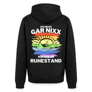 Rentner Geschenkidee RENTNERIN - Unisex Premium Bio Zip Hoodie - Schwarz - Hinten - Nico (187cm)