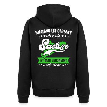 Sachsen Sprüche Sachse Perfekt - Unisex Premium Bio Zip Hoodie - Schwarz - Hinten - Nico (187cm)