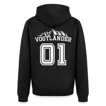 Vogtländer Geschenk Vogtland Nummer 01 Eins - Unisex Premium Bio Zip Hoodie - Schwarz - Hinten - Nico (187cm)