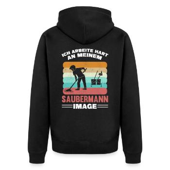 Reinigungskraft SAUBERMANN IMAGE Spruch Putzmann - Unisex Premium Bio Zip Hoodie - Schwarz - Hinten - Nico (187cm)