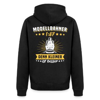 Modelleisenbahn Sprüche Eisenbahn Lok Spur H0 1:87 - Unisex Premium Bio Zip Hoodie - Schwarz - Hinten - Nico (187cm)