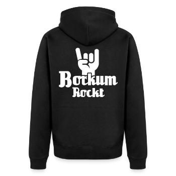 Borkum Rockt Nordseeinsel Rocker - Unisex Premium Bio Zip Hoodie - Schwarz - Hinten - Nico (187cm)