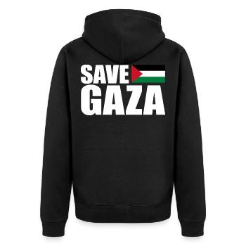 Save gaza - Unisex Premium Bio Zip Hoodie - Schwarz - Hinten - Nico (187cm)