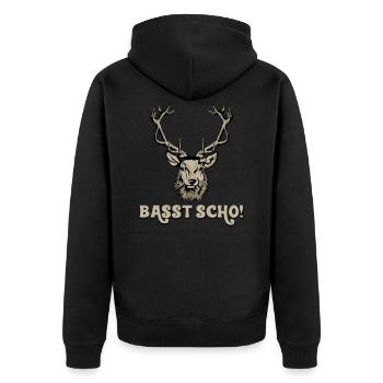 Basst Scho Geweih, Jagen, Jäger - Unisex Premium Bio Zip Hoodie - Schwarz - Hinten - Nico (187cm)