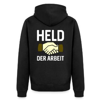 Held Der Arbeit Parole DDR Ostdeutschland - Unisex Premium Bio Zip Hoodie - Schwarz - Hinten - Nico (187cm)