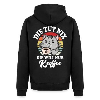 Katze Kaffee Sprüche mit Katzen - Unisex Premium Bio Zip Hoodie - Schwarz - Hinten - Nico (187cm)
