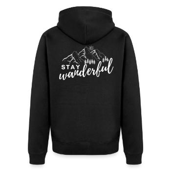 STAY WANDERFUL wandern Wanderer Berge Berg - Unisex Premium Bio Zip Hoodie - Schwarz - Hinten - Nico (187cm)