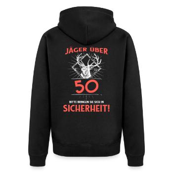 Jäger über 50 bitte bringen Sie sich in Sicherheit - Unisex Premium Bio Zip Hoodie - Schwarz - Hinten - Nico (187cm)