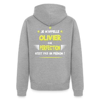 Olivier cadeau humour et drôle - Veste à capuche bio Premium Unisexe - gris chiné - Dos - Nico (187cm)