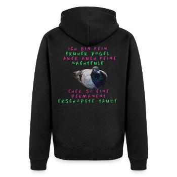 Lustiger Spruch: Ich bin kein früher Vogel! - Unisex Premium Bio Zip Hoodie - Schwarz - Hinten - Nico (187cm)
