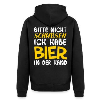 Bitte nicht schubsen Ich habe Bier in der Hand - Unisex Premium Bio Zip Hoodie - Schwarz - Hinten - Nico (187cm)