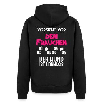 Vorsicht vor dem Frauchen der Hund ist harmlos - Unisex Premium Bio Zip Hoodie - Schwarz - Hinten - Nico (187cm)