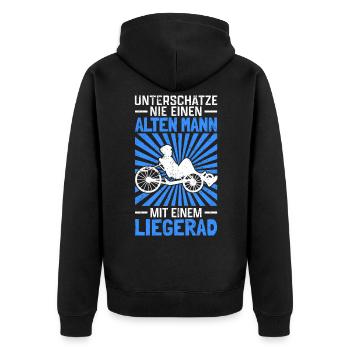 Alter Mann mit Liegerad Radfahrer Liegefahrrad - Unisex Premium Bio Zip Hoodie - Schwarz - Hinten - Nico (187cm)