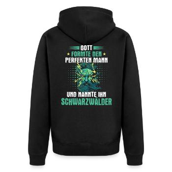 Schwarzwald Schwarzwälder Heimat Spruch - Unisex Premium Bio Zip Hoodie - Schwarz - Hinten - Nico (187cm)