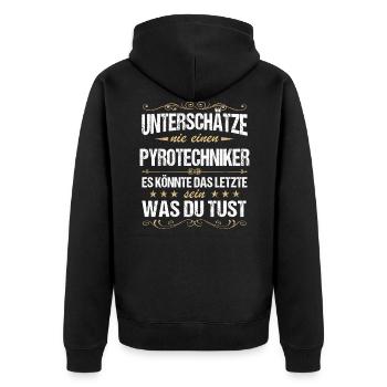 Pyrotechniker Feuerwerk Pyro Sprengmeister Spruch - Unisex Premium Bio Zip Hoodie - Schwarz - Hinten - Nico (187cm)