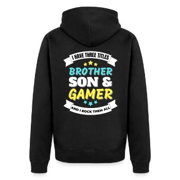 J’ai trois titres frère fils joueur nerd gamer - Veste à capuche bio Premium Unisexe - noir - Dos - Nico (187cm)