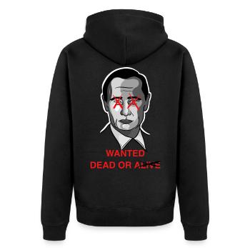 Putin Wanted dead / Design mit Schriftzug - Unisex Premium Bio Zip Hoodie - Schwarz - Hinten - Nico (187cm)