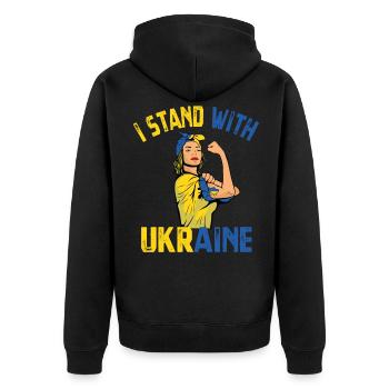 I Stand With Ukraine Women Support Ukraine Flag - Unisex Premium Bio Zip Hoodie - Schwarz - Hinten - Nico (187cm)