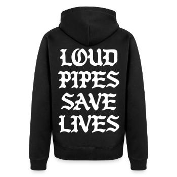 Loud Pipes Save Lives Motorrad T-Shirt - Unisex Premium Bio Zip Hoodie - Schwarz - Hinten - Nico (187cm)