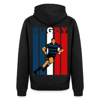 Rugbyspieler auf dreifarbigem Hintergrund - Unisex Premium Bio Zip Hoodie - Schwarz - Hinten - Nico (187cm)