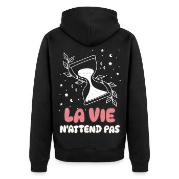 Das Leben wartet nicht - Unisex Premium Bio Zip Hoodie - Schwarz - Hinten - Nico (187cm)