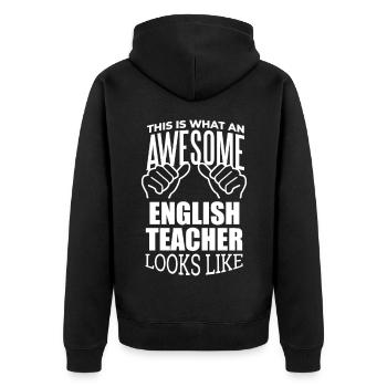 Englisch - Unisex Premium Bio Zip Hoodie - Schwarz - Hinten - Nico (187cm)