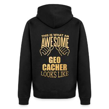 Geocache - Unisex Premium Bio Zip Hoodie - Schwarz - Hinten - Nico (187cm)