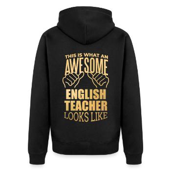 Englisch - Unisex Premium Bio Zip Hoodie - Schwarz - Hinten - Nico (187cm)