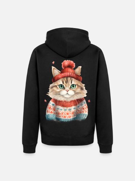Winterkatze im Strickpullover - Unisex Premium Bio Zip Hoodie - Schwarz