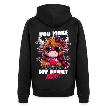 Highland Cow Valentinstags-Design - My Heart Moo - Unisex Premium Bio Zip Hoodie - Schwarz - Hinten - Nico (187cm)