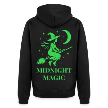 Fliegende Hexe bei Nacht mit Mond in Grün - Unisex Premium Bio Zip Hoodie - Schwarz - Hinten - Nico (187cm)