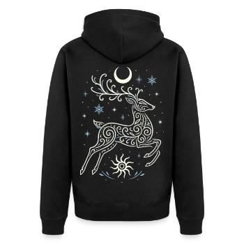 Springender Yule Hirsch mit Sonne & Mond - Unisex Premium Bio Zip Hoodie - Schwarz - Hinten - Nico (187cm)