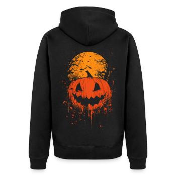 Halloween Kürbis & Blutmond – Grusel Design - Unisex Premium Bio Zip Hoodie - Schwarz - Hinten - Nico (187cm)