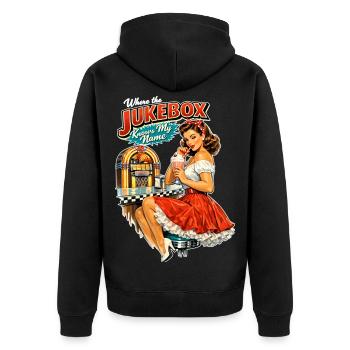 50s Diner Pin-Up: Where the Jukebox Knows My Name - Unisex Premium Bio Zip Hoodie - Schwarz - Hinten - Nico (187cm)
