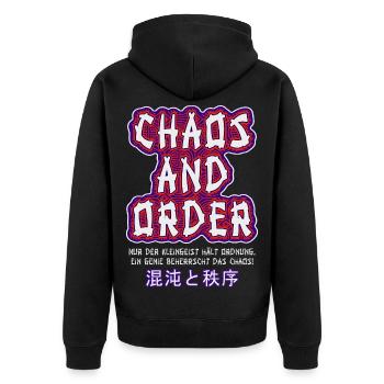 Chaos & Order / Chaos & Ordnung - Unisex Premium Bio Zip Hoodie - Schwarz - Hinten - Nico (187cm)