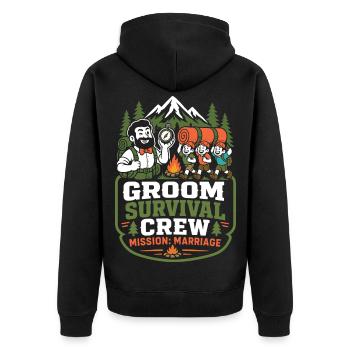 Groom Survival Crew – Mission Wedding - Unisex Premium Organic Zip Hoodie - black - Back - Nico (187cm)