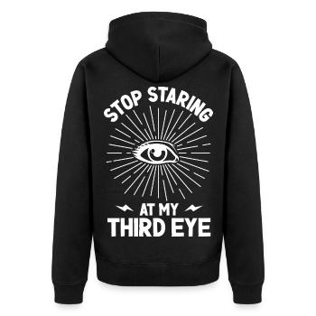 Hör auf, mein Drittes Auge anzustarren - Unisex Premium Bio Zip Hoodie - Schwarz - Hinten - Nico (187cm)
