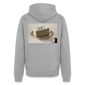 Stapel Geldscheine auf einem silbernen Tablett - Unisex Premium Bio Zip Hoodie - Grau meliert - Hinten - Nico (187cm)